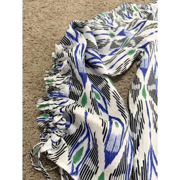 Chicos Linen Tribal Print Jeweled Neckline Ruffle Drawstring Sleeves Size 0.5/6 - Picture 3 of 8